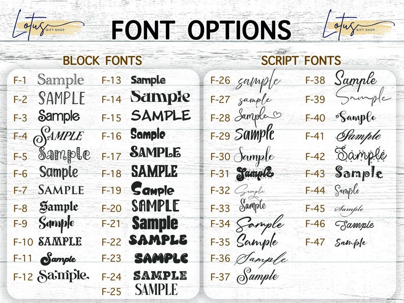 May include: Image showcasing font options, including block and script styles. Each font is displayed with the word "Sample" to demonstrate its appearance. The image is divided into two sections, one for block fonts and one for script fonts.