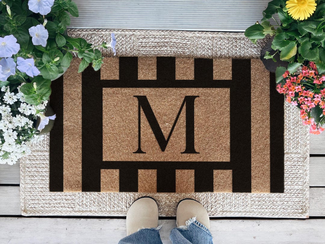 Custom Stripe Monogram Door Mat, Personalized Initial Welcome Mat, Modern Front Door Rug, Housewarming Gift