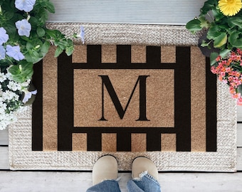 Custom Stripe Monogram Door Mat, Personalized Initial Welcome Mat, Modern Front Door Rug, Housewarming Gift