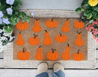 Pumpkin Fall Doormat, Autumn Welcome Mat, Coir Outdoor Rug, Halloween Rug, Thanksgiving Porch Decor