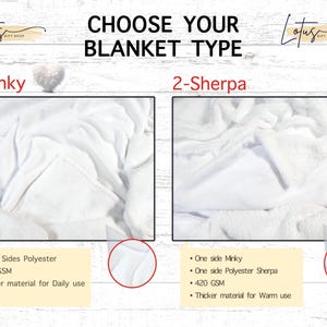 May include: Image showcasing two blanket types: Minky and Sherpa. The Minky blanket is made of both sides polyester, 300GSM, and is softer for daily use. The Sherpa blanket has one side Minky, one side polyester Sherpa, 420 GSM, and is thicker for warmth.
