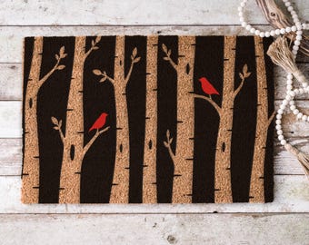 Felpudo de fibra de abedul, felpudo de bienvenida con canario rojo, alfombra para la puerta principal inspirada en la naturaleza, decoración rústica para la entrada.