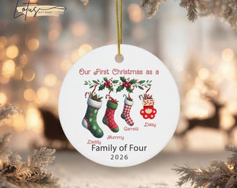 Custom Family of Four Christmas Ornament, Personalized First Xmas Memory Keepsake Gift