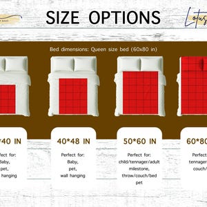 May include: Image showing size options for a blanket or throw. The sizes are 30x40 inches, 40x48 inches, 50x60 inches, and 60x80 inches. Each size is displayed on a bed with a red blanket.