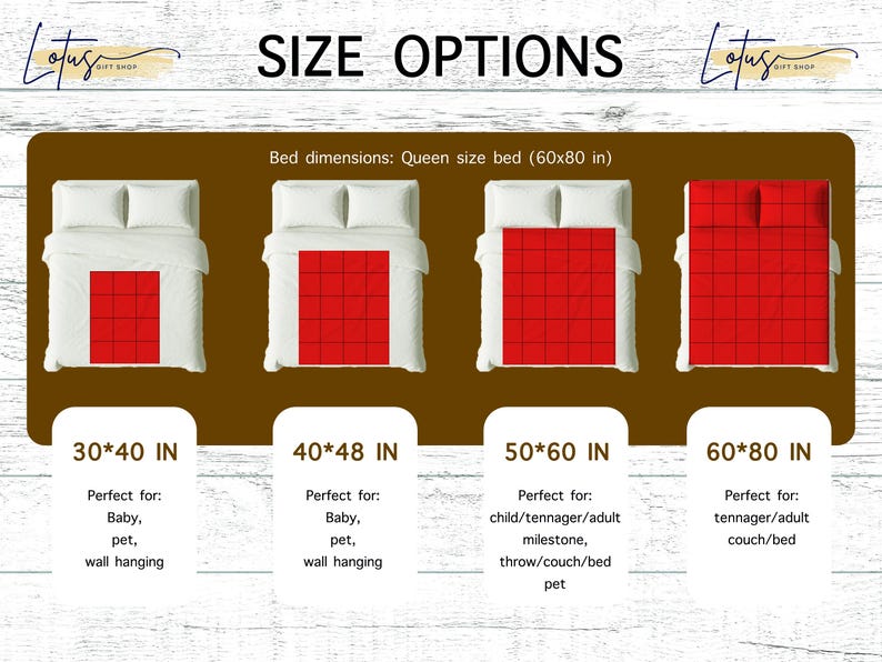May include: Image showing size options for a blanket or throw. The sizes are 30x40 inches, 40x48 inches, 50x60 inches, and 60x80 inches. Each size is displayed on a bed with a red blanket.