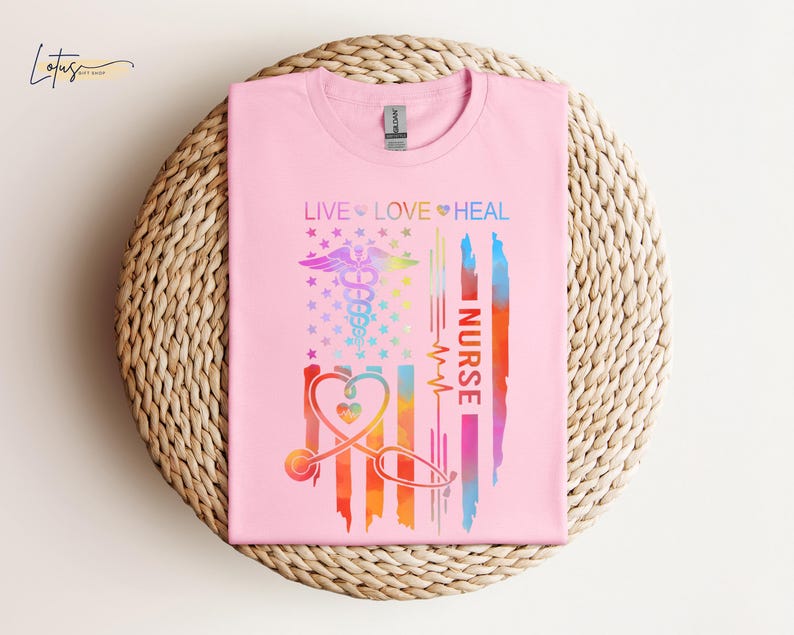 May include: Pink t-shirt with a rainbow design featuring a stethoscope, a caduceus, and the words "Live Love Heal Nurse".