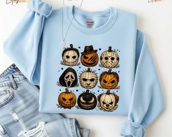 Sudadera de calabazas de películas de terror, sudadera con capucha espeluznante de Halloween, suéter de otoño de calabazas aterradoras, regalo retro para fans del terror