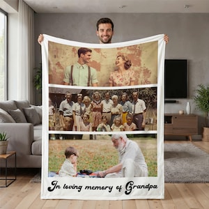 May include: A white blanket featuring three framed vintage photographs. The top photo shows a couple, the middle a group of people, and the bottom a man and a child. The text "In loving memory of Grandpa" is at the bottom.