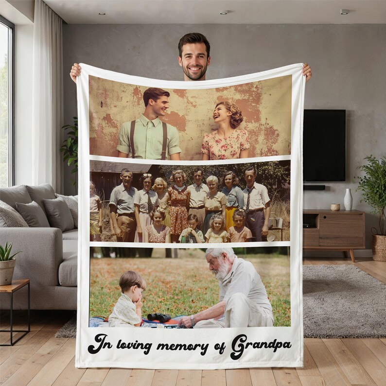 May include: A white blanket featuring three framed vintage photographs. The top photo shows a couple, the middle a group of people, and the bottom a man and a child. The text "In loving memory of Grandpa" is at the bottom.