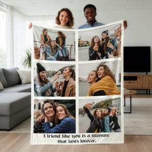 May include: A white fleece blanket featuring a collage of six photos of friends. The photos show groups of women enjoying time together. The blanket has the text "A friend like you is a treasure that lasts forever."