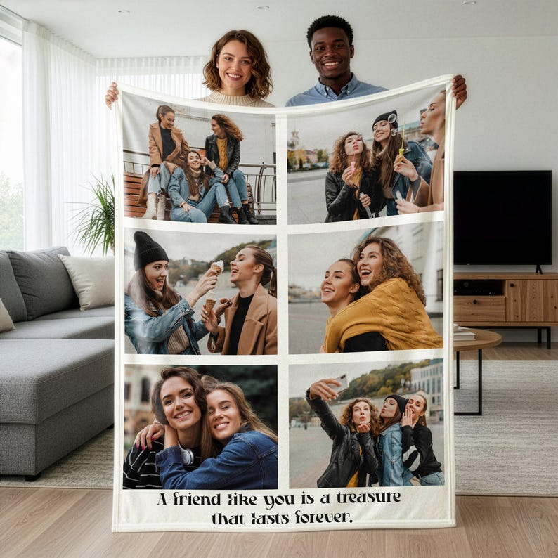 May include: A white fleece blanket featuring a collage of six photos of friends. The photos show groups of women enjoying time together. The blanket has the text "A friend like you is a treasure that lasts forever."