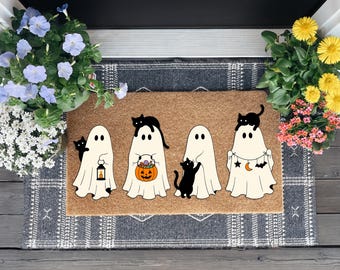 Felpudo de fantasma y gato negro, alfombra de fibra de coco original para Halloween, decoración espeluznante para el porche, felpudo de bienvenida divertido para otoño