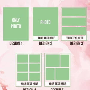 May include: Image showcasing five design options with green rectangular placeholders for photos and text. The text "DESIGN OPTIONS" is at the top. Each design is labeled with a number and includes the text "ONLY PHOTO", "PHOTO", and "YOUR TEXT HERE".