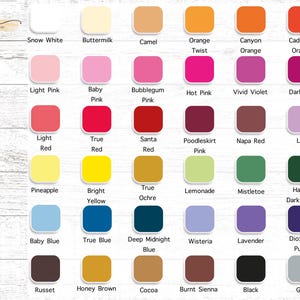 May include: A color chart with 36 color options, including Snow White, Baby Pink, and True Blue. The text "COLOR OPTIONS" is vertically aligned on the left. The Lotus Art Shop logo is in the upper left corner.