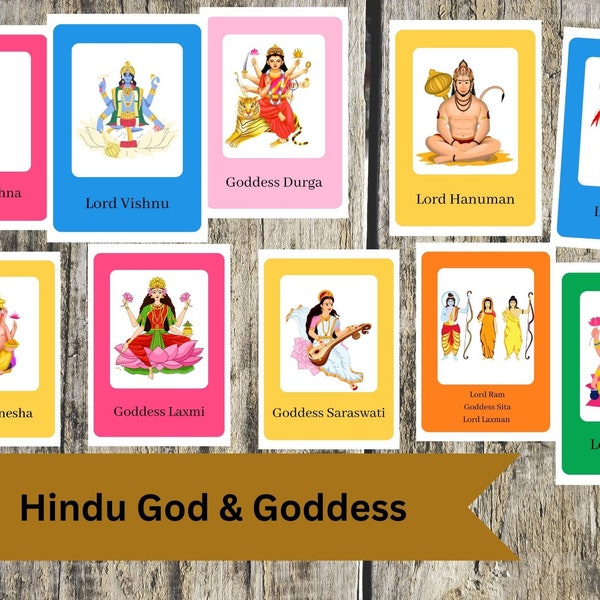 Hindu God & Goddess Digital flash cards for kids to learn about culture in fun way, Montessori material, cards, pdf instant print, jpg files