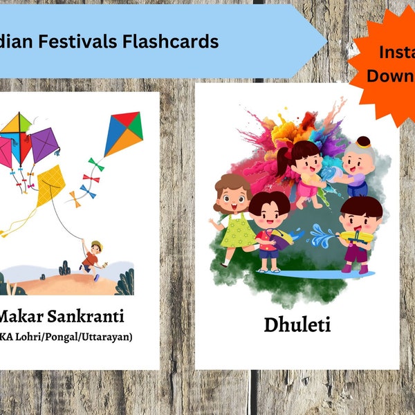 Indian Festivals flashcards, learn about culture & festivals of Indian, kids learning activity, Montessori style, festival name and graphics