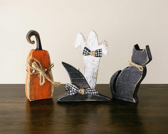 Rustic Halloween Wooden Decor Set: Pumpkin, Ghost, Cat & Witch Hat