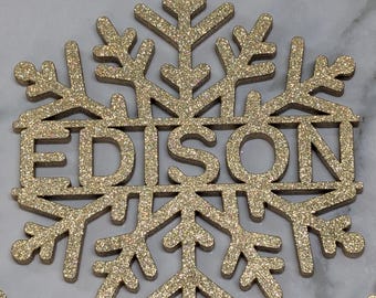 Personalized Glitter Snowflake Ornament - Custom Name Christmas Ornament in Gold, Silver, Red or Green