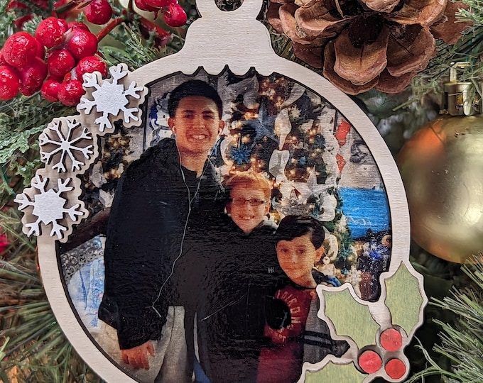 Featured listing image: Personalized Family Photo Ornament: Laser-Cut Wood Christmas Keepsake