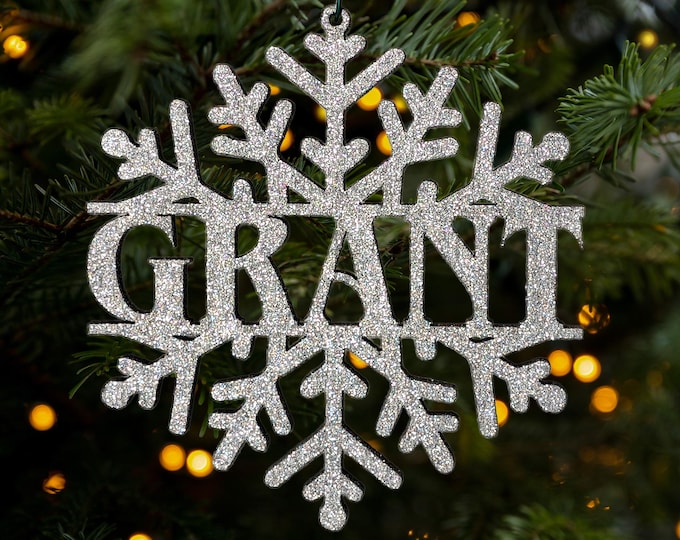 Featured listing image: Personalized Snowflake Christmas Ornament – Custom Name Glitter Ornament Holiday Tree Decoration