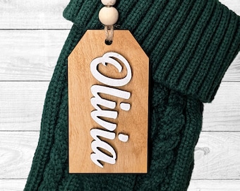 Personalized Wood Stocking Tag – Custom Laser Cut Name Tag – Wooden Christmas Decor