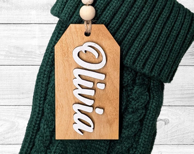 Featured listing image: Personalized Wood Stocking Tag – Custom Laser Cut Name Tag – Wooden Christmas Decor