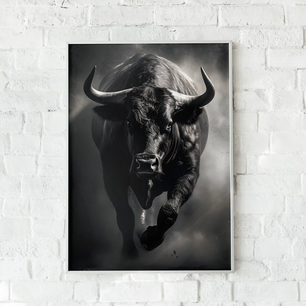 Charging Bull Run - The Symbol of Strength and Prosperity | Minimalist Digital Download PRINTABLE Black & White Art Print