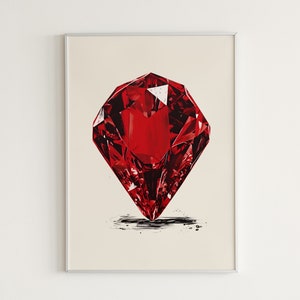 Può includere: Stampa incorniciata con una grande gemma rossa sfaccettata. La gemma è di un rosso intenso e vibrante, su uno sfondo color crema. Una macchia di inchiostro nero alla base della gemma aggiunge contrasto al design.