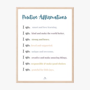 Positive affirmations poster print digital| therapy office decor, school counselor, self love club, affirmation cards, mental health matters