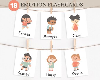 Puede incluir: Conjunto de 18 flashcards con ilustraciones de niños que expresan diferentes emociones, incluyendo emoción, enfado, calma, miedo, felicidad y orgullo.