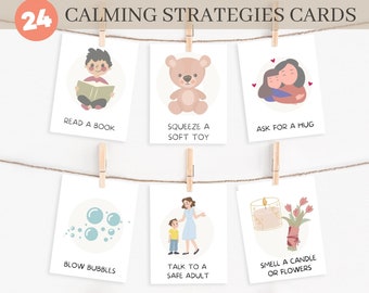 24 Calming Strategies Flashcards|Calming corner, therapy office decor, school counselor, feelings chart, montessori materials, kids emotions