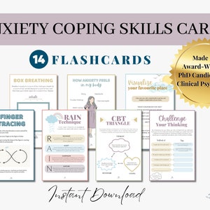 Tarjetas didácticas de habilidades para afrontar la ansiedad / hojas de trabajo de TCC, hojas de trabajo de terapia, decoración de la oficina de terapia, alivio de la ansiedad, actividades de atención plena