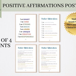 Positieve affirmaties posterafdrukken set van 4 | therapiekantoorinrichting, schooladviseur, therapie kunst aan de muur, poster voor geestelijke gezondheid, therapiehulpmiddelen