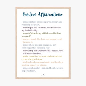 Positieve affirmaties poster print digitaal| therapiekantoorinrichting, schooladviseur, zelfliefdeclub, dagelijkse bevestiging, geestelijke gezondheidskwesties