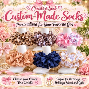 May include: Six pairs of ruffled ankle socks displayed on white forms. The socks feature various patterns and colors including brown polka dots, leopard print, pink Hello Kitty print, solid peach, solid navy blue, and white with gold trim.