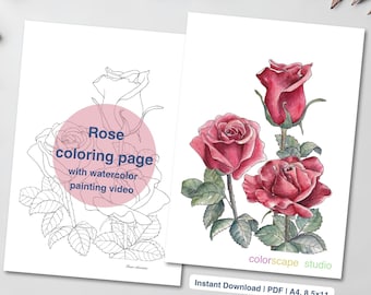 Rose Coloring Page - Printable Watercolor Flower Coloring Page for Adults with Tutorials