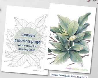 Leaves Coloring Page - Printable Watercolor Coloring Page for Adults with Tutorials