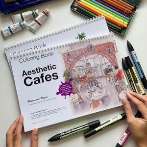 Aquarell Malbuch - Ästhetische Cafés - Malbuch für Aquarellfarben - Gedrucktes Malbuch für Erwachsene