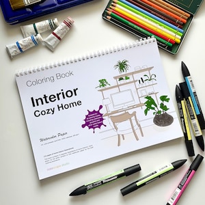 Watercolor Coloring Book - Interior Cozy Home - Coloring Book for Watercolor - Printed Coloring Book for Adults