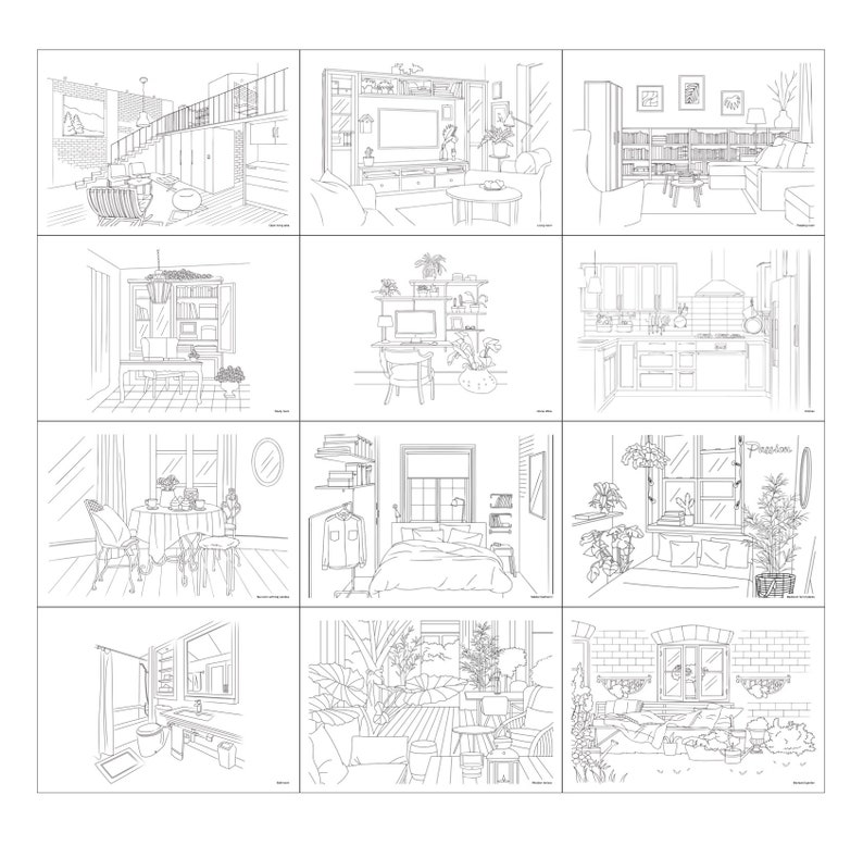 Watercolor Coloring Book Interior Cozy Home Coloring Book for Watercolor Printed Coloring Book for Adults image 6