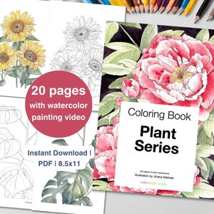 Plant Series Coloring Book - Printable Watercolor Coloring Pages for Adults with Tutorials