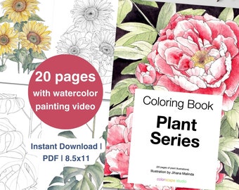 Libro para colorear de la serie Plant: páginas para colorear en acuarela imprimibles para adultos con tutoriales