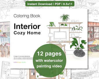 Libro para colorear Interior Cozy Home - Diseño de interiores Páginas para colorear en acuarela imprimibles con tutoriales