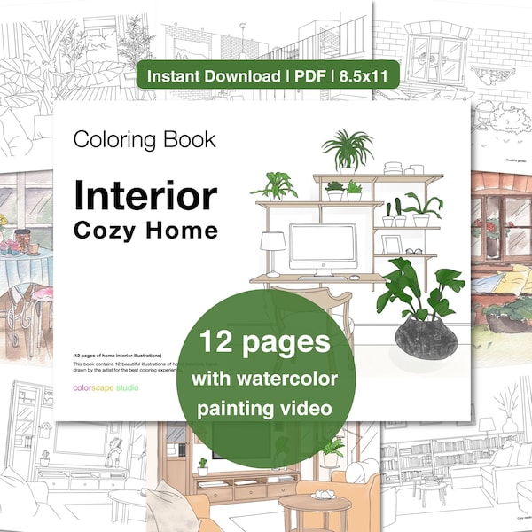 Interior Cozy Home Coloring Book - Interior Design Printable Watercolor Coloring Pages with Tutorials