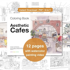Può includere: Libro da colorare "Aesthetic Cafes" con 12 pagine di illustrazioni di caffè. La copertina presenta il titolo e un'illustrazione ad acquerello di un interno di un caffè. Disponibile come download PDF immediato, formato 21,59 x 27,94 cm.