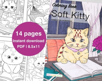 Libro para colorear Soft Kitty - Lindos y acogedores gatos - Páginas para colorear imprimibles para amantes de los gatos, adultos y niños