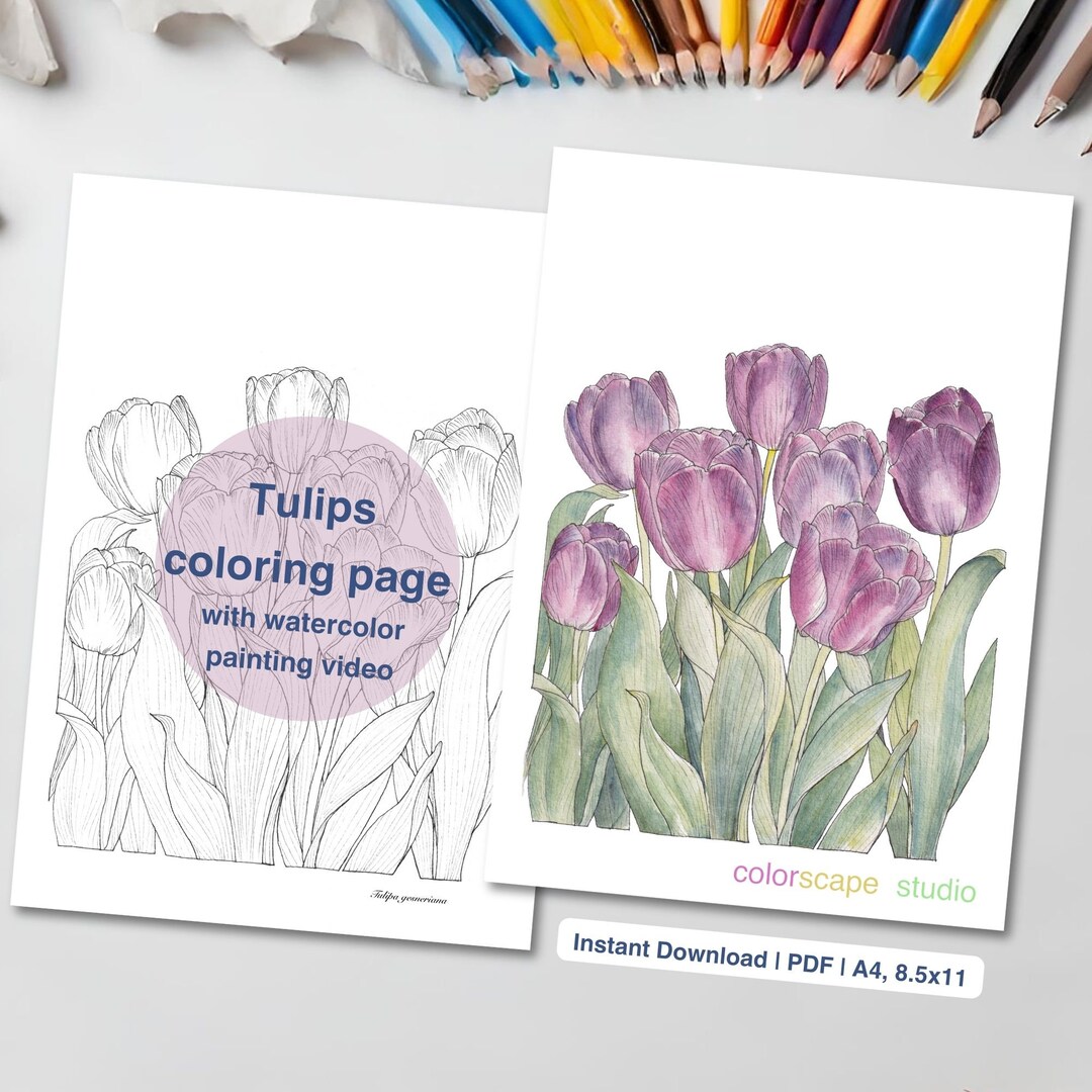 Tulip Coloring Page - Printable Watercolor Flower Coloring Page for ...