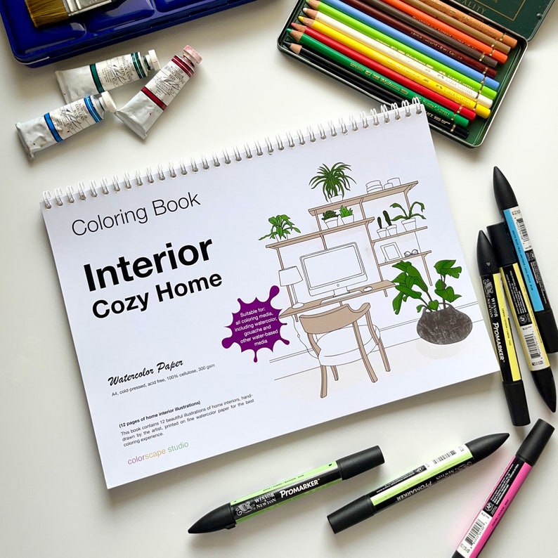 Watercolor Coloring Book Interior Cozy Home Coloring Book for Watercolor Printed Coloring Book for Adults image 1