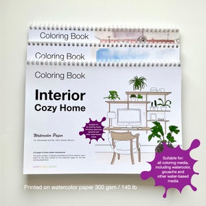 Watercolor Coloring Book Interior Cozy Home Coloring Book for Watercolor Printed Coloring Book for Adults image 2