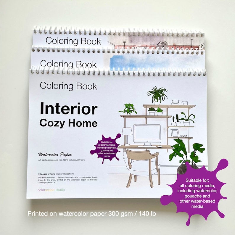 Watercolor Coloring Book Interior Cozy Home Coloring Book for Watercolor Printed Coloring Book for Adults image 2